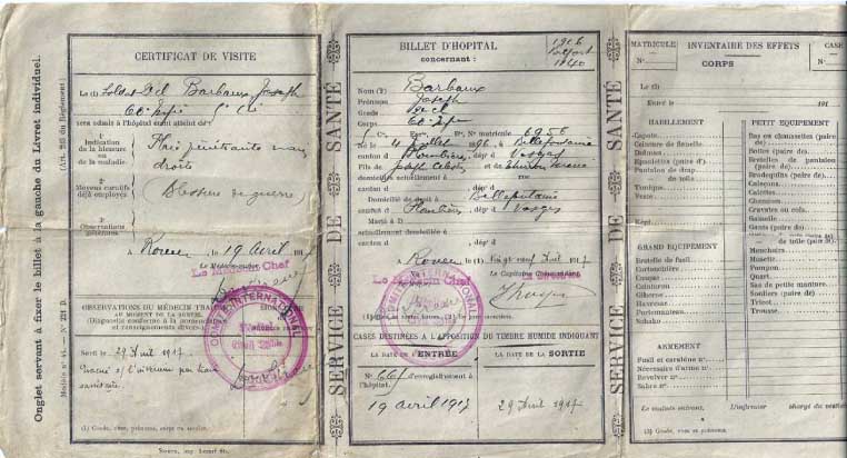 Certificat de blessure de Joseph Barbaux - poilu de la guerre 1914/1918