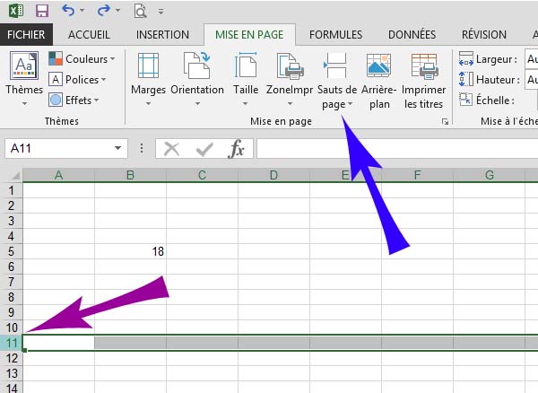 Onglet mise en page - saut de page - Excel 2013